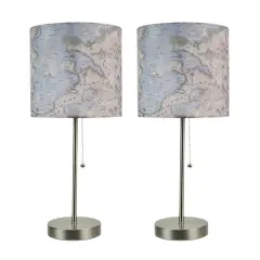 Decorative Treasure Map Brushed Nickel Accent Lamp Coastal Pirate Beach Set of 2
