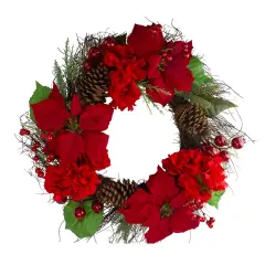 Northlight Poinsettia and Hydrangea Artificial Christmas Wreath - 24" - Unlit Red