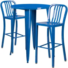 Emma and Oliver Commercial 30" Round Metal Indoor-Outdoor Bar Table Set & 2 Slat Back Stools Blue