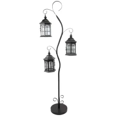 Northlight Distressed Scroll Candle Lantern Tree with Lanterns- 71.5" - Black
