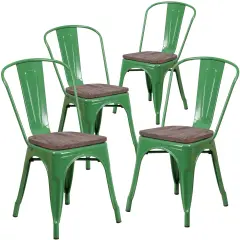 Emma and Oliver 4 Pack Metal Stackable Chair with Wood Seat Green