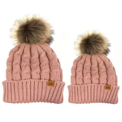 Wrapables Winter Warm Cable Knit Faux Fur Pom Pom Beanie Pink