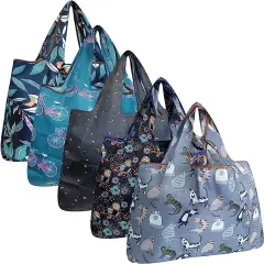 Wrapables Large Foldable Tote Nylon Reusable Grocery Bags, 5 Pack Nighttime Adventures