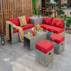 8 Pieces Patio Rattan Furniture Set with Storage Waterproof Cover and Cushion Red