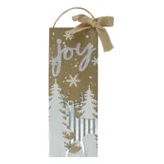 Northlight 12.5" White Trees and Snow with Metal Deer and Joy Wooden Christmas Wall Decor Brown