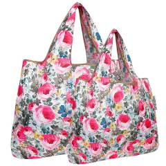 Wrapables Large & Small Foldable Tote Nylon Reusable Grocery Bags, Set of 2 Easter Floral