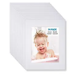 11x14 White Picture Mats Pack of 14, Frame Mattes for 8x10 Pictures, Acid Free, 1.2mm Thickness, with Core Bevel Cut
