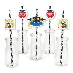 Big Dot of Happiness Elementary Grad - Paper Straw Decor - Kids Graduation Party Striped Decorative Straws - Set of 24