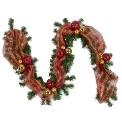 Northlight 6ft Pre-Lit Decorated Red and Gold Artificial Christmas Garland, Clear Lights Green