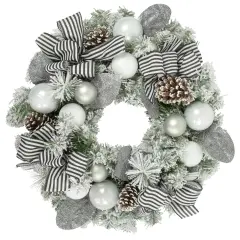 Northlight Frosted Pine Artificial Christmas Wreath with Striped Bows - 24" -Unlit White
