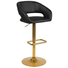 Merrick Lane Rothko Modern Bar Stool Rounded Mid-Back Stool With Height Adjustable Swivel Seat BlackVinyl/GoldFrame