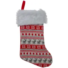 Northlight 19" Red and White Deer and Snowflake Knit Christmas Stocking with Faux Fur Cuff