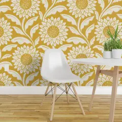 Pre-Pasted Wallpaper 2FT Wide Jumbo Floral Yellow Sunflowers Summer Botanical Stamped Lino Cut Custom Pre-pasted Wallpaper by Spoonflower