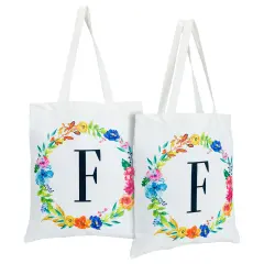 Okuna Outpost Set of 2 Reusable Monogram Letter F Personalized Canvas Tote Bags for Women, Floral Design for Groceries, Bridesmaids, Beach, Travel, or Everyday Use (29 Inches) White