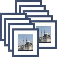 12x12 Picture Frame Set of 9, Photo Gallery Wall Frame Set, Display Pictures 8x8 with Mat or 12 x 12 Without Mat, Square Frame Picture Frames Collage Wall Decor, Blue