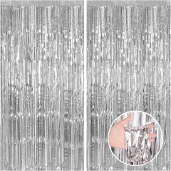 2 Pack 3.3x8.2 Feet Silver Foil Fringe Backdrop Curtains, Tinsel Streamers Birthday Party Decorations, Fringe Backdrop for Graduation, Baby Shower, Happy New Year, Disco Party