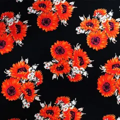 Sunflower Clusters Printed Spandex Fabric Black/Coral