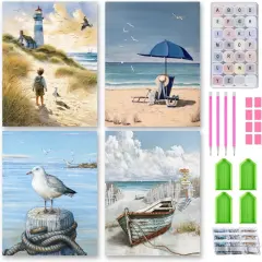 Diamond Painting Kits with Storage Containers, 4 Pack 5D Diamond Art Kits for Adults, Arts Crafts for Adult DIY Home Wall Aesthetic Decor Gift 12 x 16 Inch, Seaside Scenery