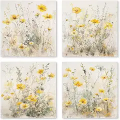 Summer Floral Wall Art Prints Set of 4, Summer Yellow Daisy Flower Wall Posters Decor for Farmhouse Home Living Room Porch Patio, Floral Poster Prints (8x10 Inches UNFRAMED)