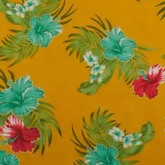 1 Yard Hibiscus Plumeria Banana Leaves Palm Leaves Glitter Polyester Fabric 60 Inch Width Mustard
