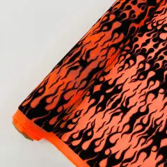 1 Yard Power Mesh Fabric with Black Flocked Flame and Red Glitter Design 60 Inch Width Orange