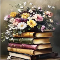 Books Flowers Paint by Number, DIY Oil Digital Painting Vintage,12x16 in