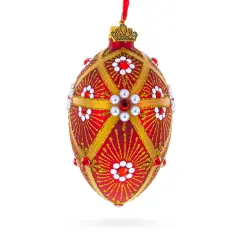 Red and Gold Floral Bejeweled Glass Egg Ornament 4 Inches