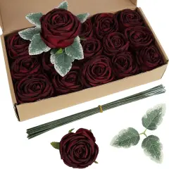 16PCS Burgundy Flowers Artificial Silk Roses with Stems for Wedding Bouquets Party Bridal Shower Home Decor