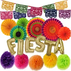 Mexican Fiesta Party Decorations &ndash; Cinco De Mayo - 6 Paper Fans, 5 Flowers Pom Poms, Papel Picado, Editable PDF Games - Taco Bout Tuesday, Birthday, Engagement Supplies