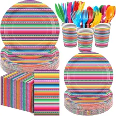400 Pcs Mexican Party Supplies Mexico Stripes Disposable Paper Plates Napkins and Cups Mexican Tableware Decorations for Cinco De Mayo Dance Pinata Taco, Birthday Party