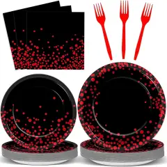 96 Pcs Black and Red Party Plates and Napkins Party Supplies Red Dot on Black Party Birthday Tableware Set Decorations Favors for Birthday Baby Shower Serves 24