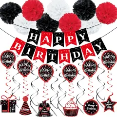 Birthday Decorations Red Black, Happy Birthday Party Decorations for Men Women Boys Girls (48pack), Happy Birthday Banner Gifts, Double-Sided Pattern Card, 9 Pompoms, Hanging Swirl Bday Decor Supplies
