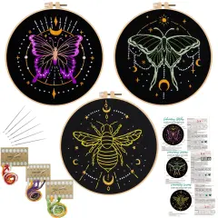 3 Sets Tarot Embroidery Kits for Beginners,Cross Stitch Kit for Adults,Crewel Starters Needlepoint with Moon, Butterfly, Bee and Moth Pattern and Tool
