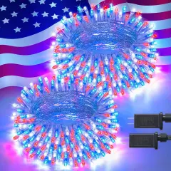 2 Pack 100 LED Red White and Blue Lights, 33ft Connectable 4th of July Lights Outdoor, 8 Modes Patriotic String Lights Indoor for Independence Day 4th of July Memorial Day Holiday Decor
