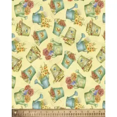Flowers in Watering Cans Cotton Fabric | By the Yard | Sewing and Crafting | 44 inches wide