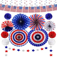 26Pcs 4th of July Decorations Patriotic Decor USA Flag String Red White Blue Paper
