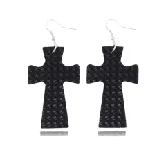 Glitter Marble Cross PU Leather Boho Dangle Earrings Black