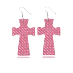 Glitter Marble Cross PU Leather Boho Dangle Earrings Pink