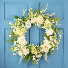 Northlight Peony and Rose Artificial Spring Wreath - White and Green - 24"