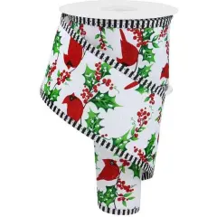 2.5" Cardinal Holly Berry Stripe Edge Ribbon: White (10 Yards)