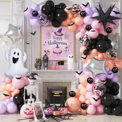 Halloween Latex Balloon Garland Arch Kit with 3D Bat (Black Pink Purple)
