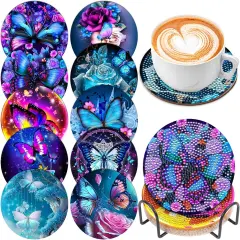 10 Pcs Butterfly Diamond Art Painting Coasters Diamond Art Coasters with Holder, DIY Flowers Diamond Art Painting Kits for Beginners, Adults & Kids, Diamond Kits Craft Supplies, Coasters Gift