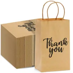 100-Pack Small Thank You Gift Bags with Handles, Brown Kraft Paper Bulk Bags for Weddings, Birthday Party Favors, Gift Wrapping, Retail Small Businesses (9x5.3x3 in)