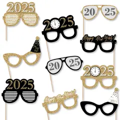 Big Dot of Happiness New Year's Eve Glasses - Gold - 2025 Paper Card Stock New Year's Party Photo Booth Props Kit - 10 Count