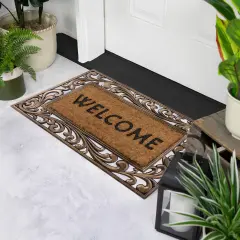 Northlight Natural Coir Welcome with Scroll Design Outdoor Doormat 18" x 30" Black