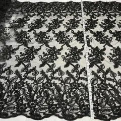 1 Yard Beaded and Corded Bridal Lace Fabric Embroidered on Soft Polyester Net Mesh 50" Width Black