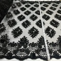 1 Yard Beaded 3D Floral Embroidered Lace Fabric on Polyester Net Mesh, 52" Width Black