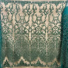 1 Yard Rose Gold Beaded Lace Fabric, Embroidered Polyester Mesh, 52" Wide Hunter Green Color