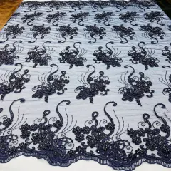 1 Yard Luxury Beaded and Corded Lace Fabric Embroidered Soft Polyester Net Mesh 54" Width Navy