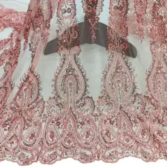 1 Yard Beaded Embroidered Lace Fabric on Polyester Mesh, 51" Wide Blush